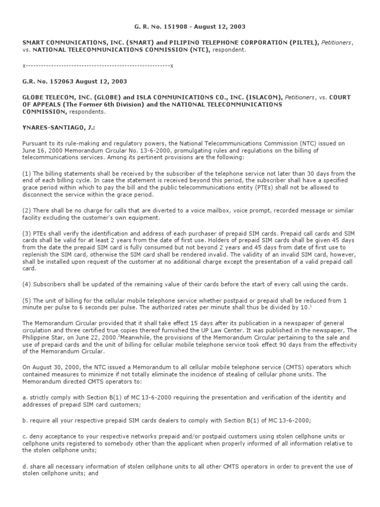 NTC Billing Regulations Legal Case Summary | PDF | Jurisdiction ...
