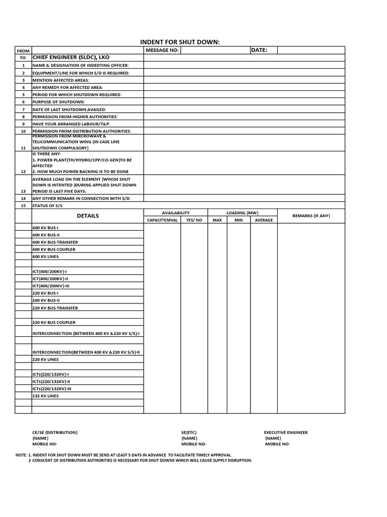 Indent Format For Shut Down | PDF | Electric Power | Power (Physics)