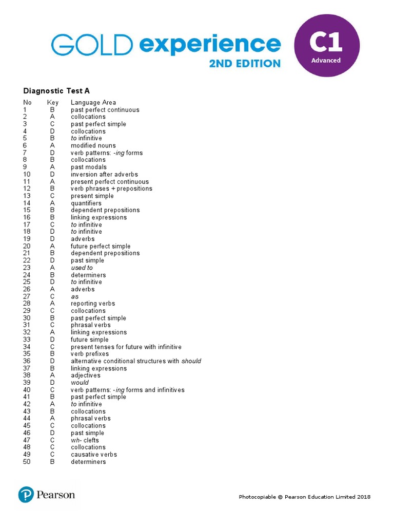 Gold Experience 2nd Edition C1 Diagnostic Tests A&B Keys | PDF | Verb ...