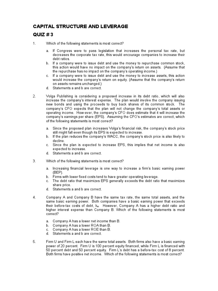 Capital Structure and Leverage Quiz 3 PDF Capital Structure
