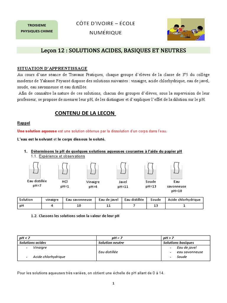 Solution Acide Et Basique 3ème Exercice Corrigé SOLUTIONS ACIDES BASIQUES ET NEUTRES - Validé | PDF | Ph | Acide