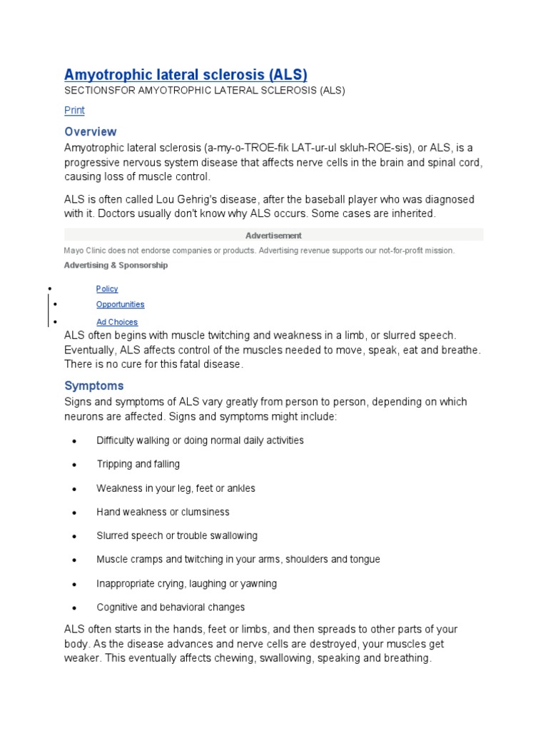 Amyotrophic Lateral Sclerosis (ALS) : Print | PDF | Amyotrophic Lateral ...