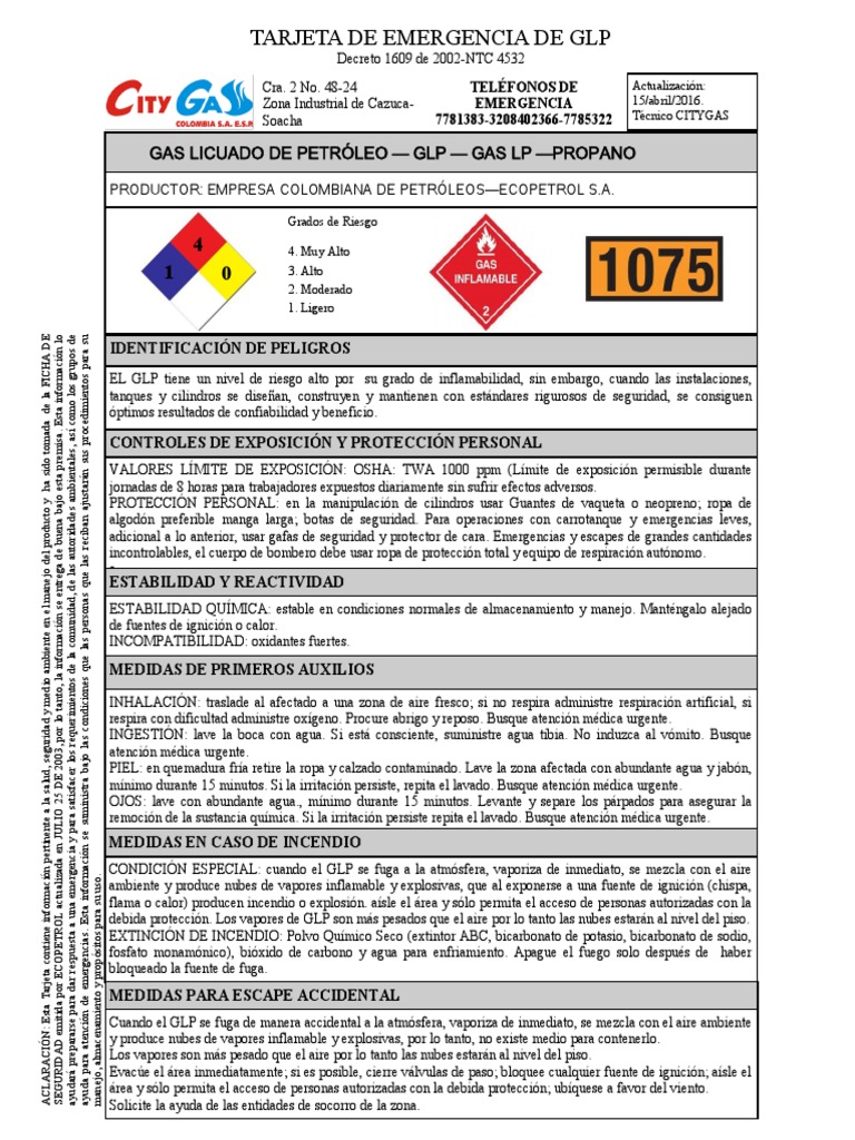 Hoja de Seguridad del GLP y Riesgos | PDF | Gas de petróleo licuado ...