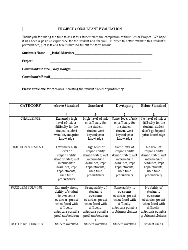 Senior Project Consultant Evaluation Form | PDF | Creativity | Cognition