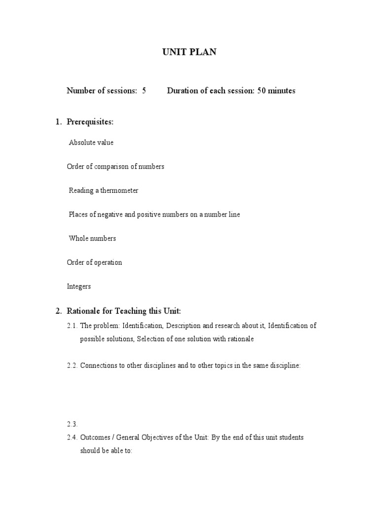 Unit Plan: Number of Sessions: 5 Duration of Each Session: 50 Minutes | PDF