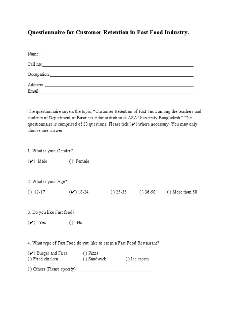 Questionnaire For Customer Retention in Fast Food Industry | PDF | Fast ...