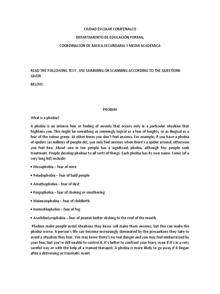 Phobias Skimming and Scanning Exercise PDF Phobia Anxiety