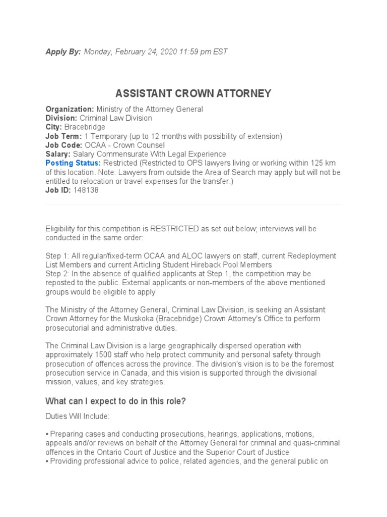 Assistant Crown Attorney Apply By Monday, February 24, 2020 1159 PM