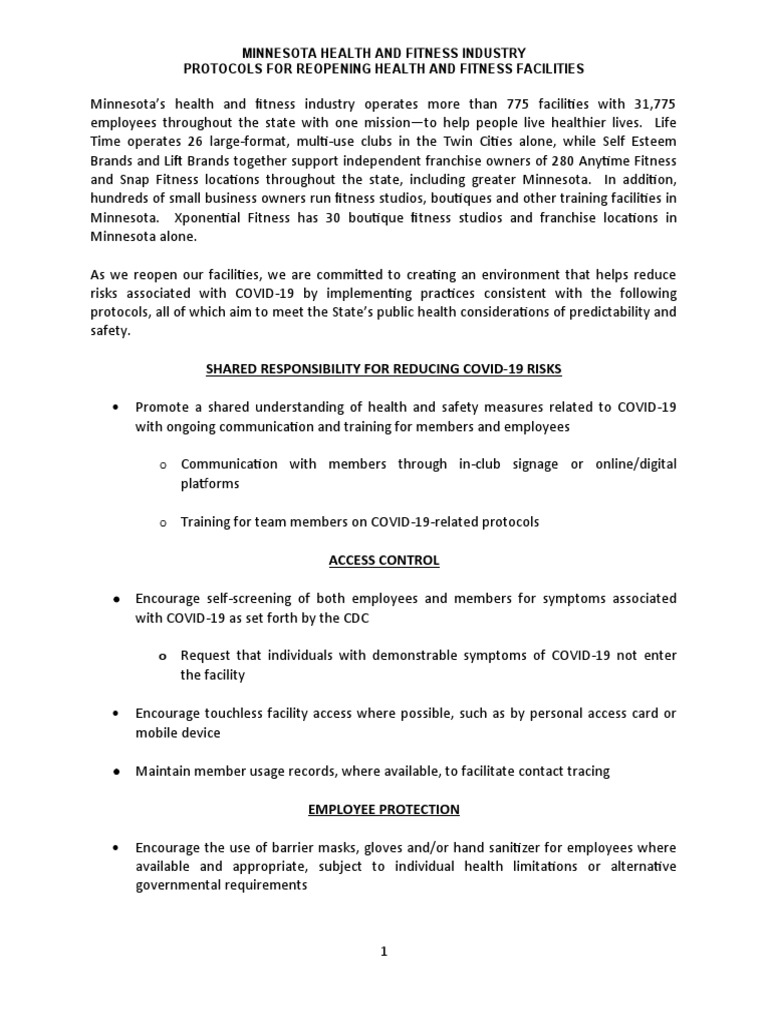 Minnesota Fitness Reopening Protocols | PDF | Physical Fitness | Public ...