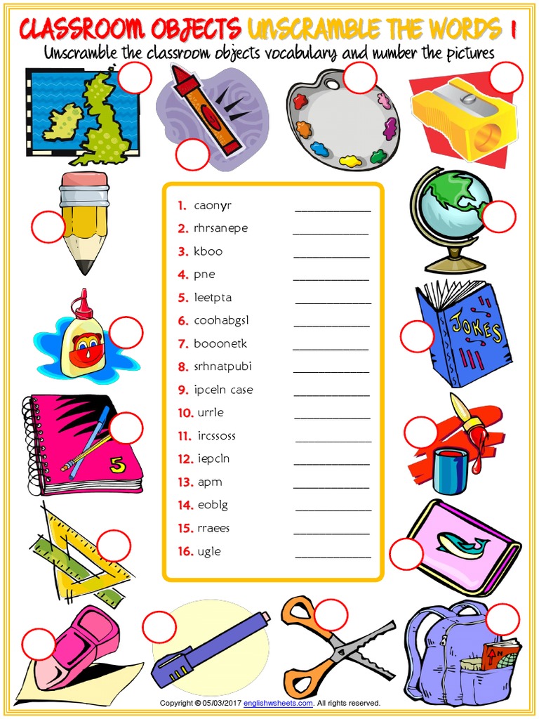 Classroom Objects Vocabulary Esl Unscramble The Words Worksheets For ...