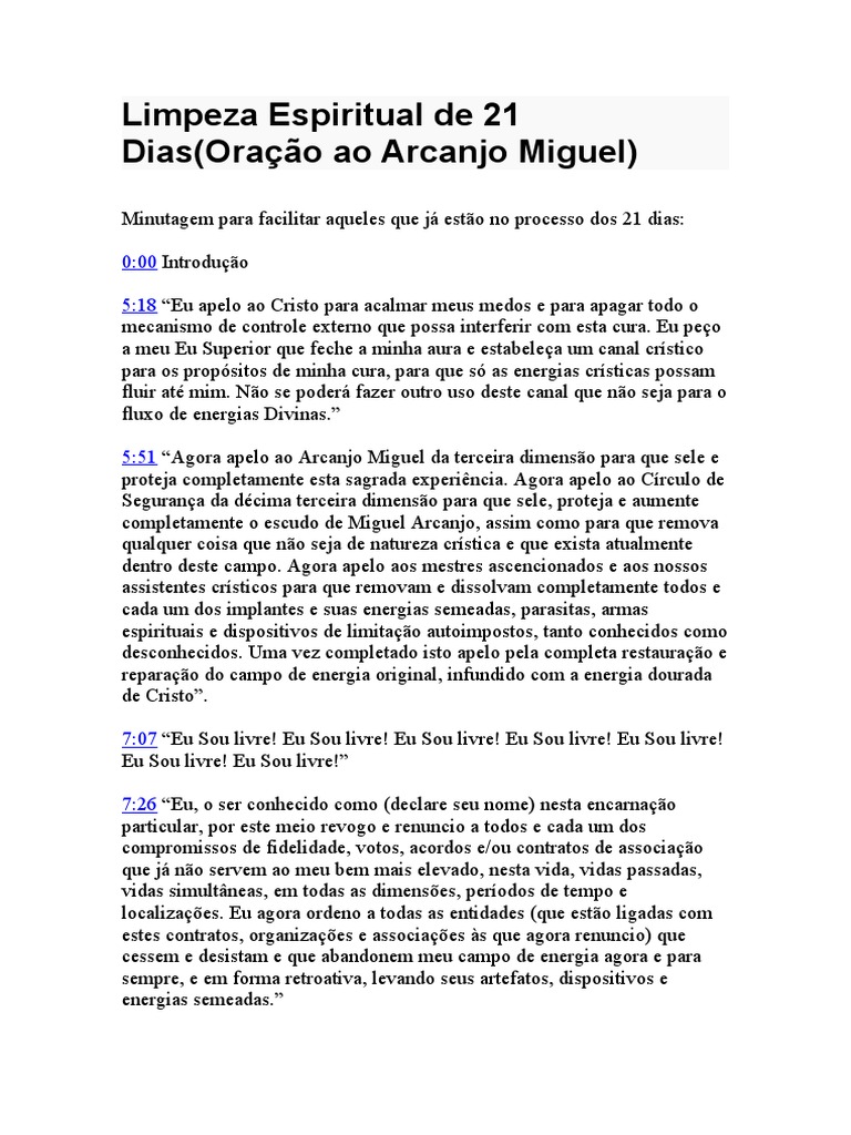 Limpeza Espiritual de 21 Dias (Oração Ao Arcanjo Miguel) | PDF | Miguel ...