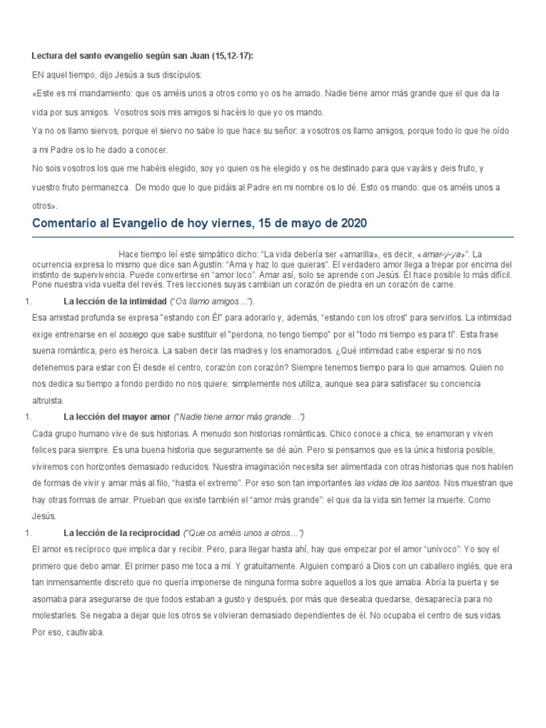Comentario Al Evangelio De Hoy Viernes 15 De Mayo De 2020 Lectura Del Santo Evangelio Segun San Juan 15 12 17 Amor Textos Religiosos scribd