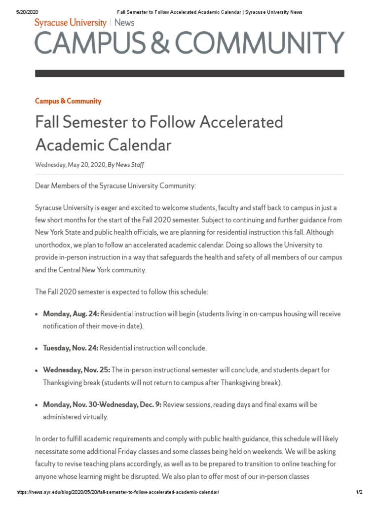 Fall Semester To Follow Accelerated Academic Calendar Syracuse