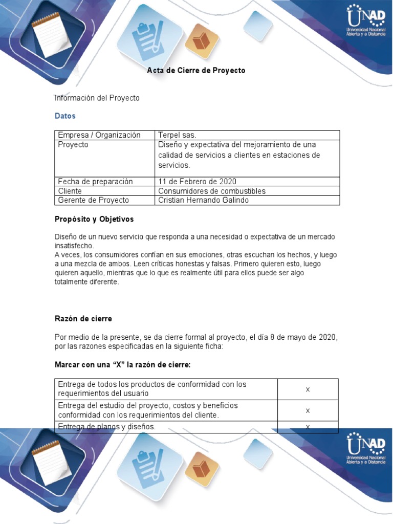 Acta de Cierre del Proyecto Terpel | PDF | Negocios