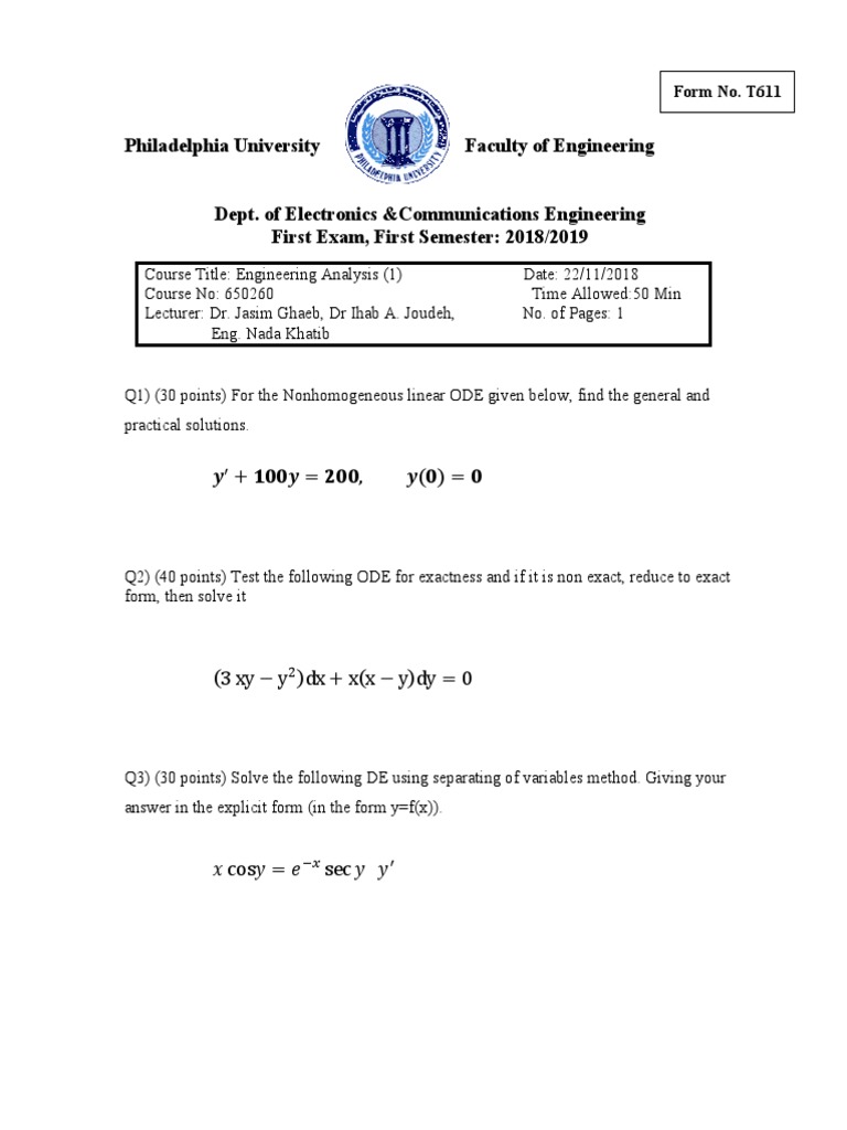 Engineering Analysis Exam 2018/19 | PDF | Technology & Engineering