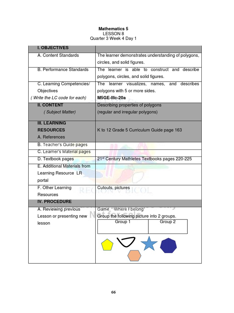 Grade 5 Math Lesson on Polygons and Percentages | PDF | Circle | Angle