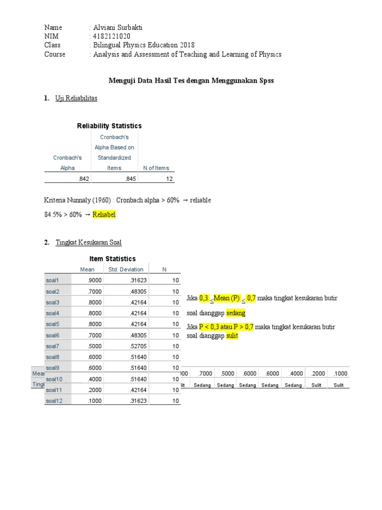 SPSS Reliability and Difficulty Analysis | PDF