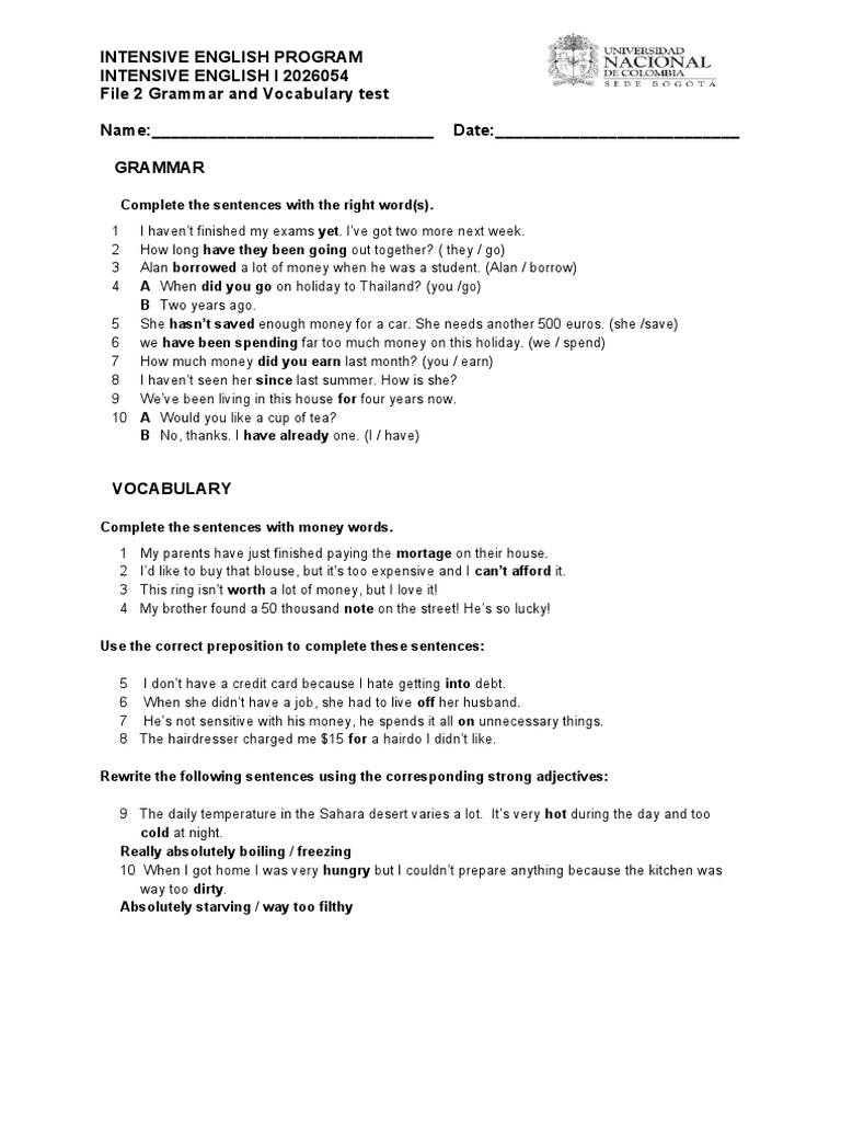 Intensive English Grammar & Vocabulary Test | PDF | Language Arts ...