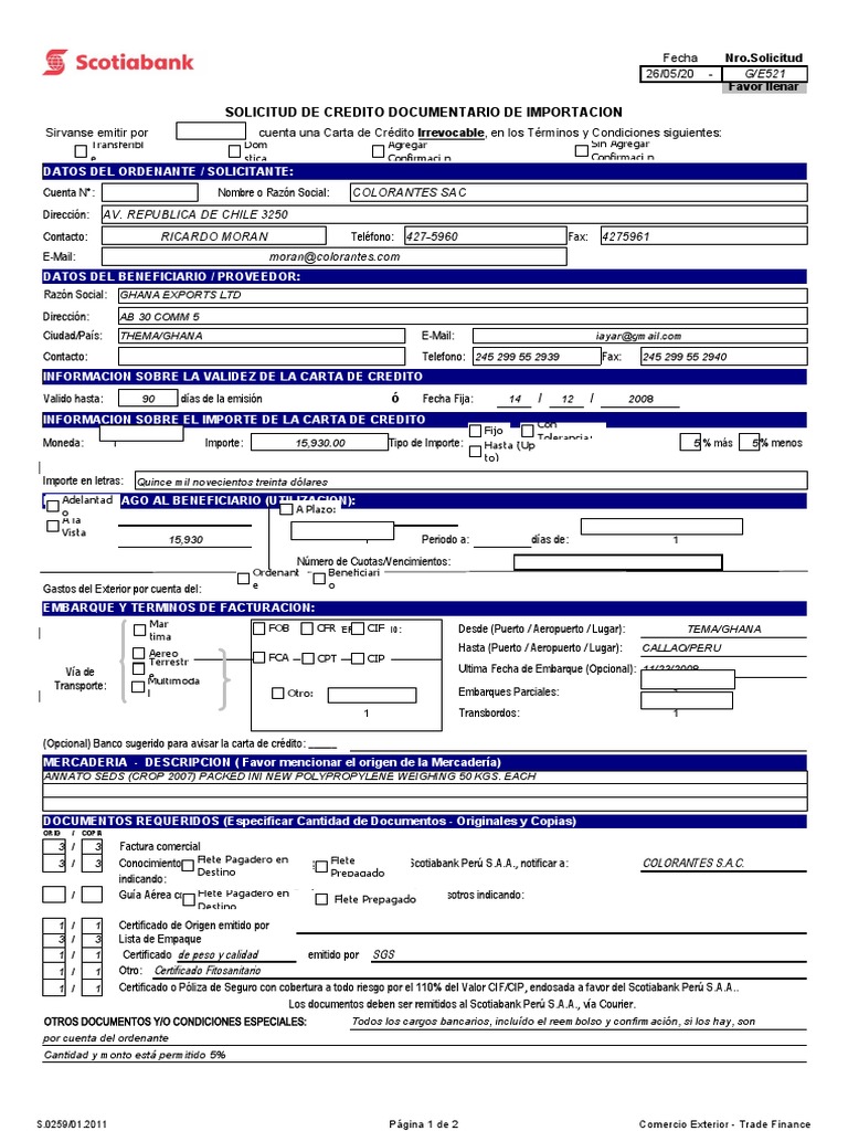 Solicitud De Carta De Credito De Importacion Carta De Credito Negocios Internacionales