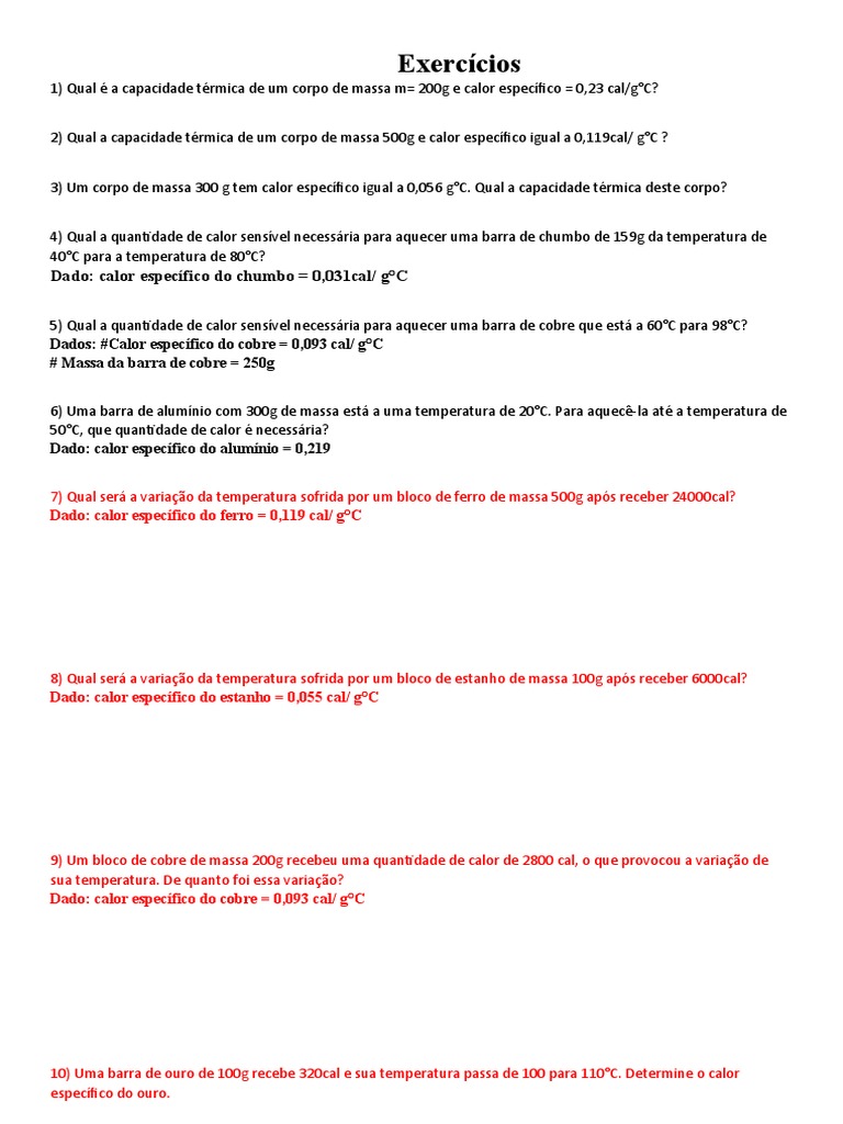 Exercícios de Calor Sensível e Latente | PDF | Calor latente | Calor