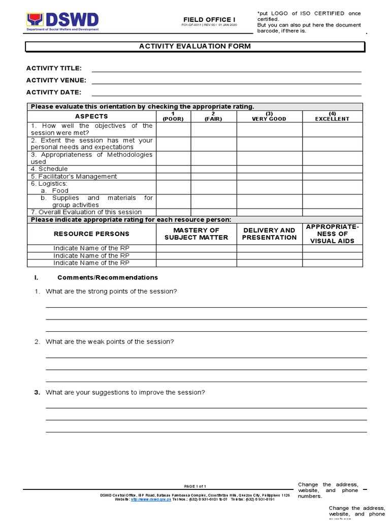 FO1-GF-11 - REV 00 - Activity Evaluation Form | PDF | Business
