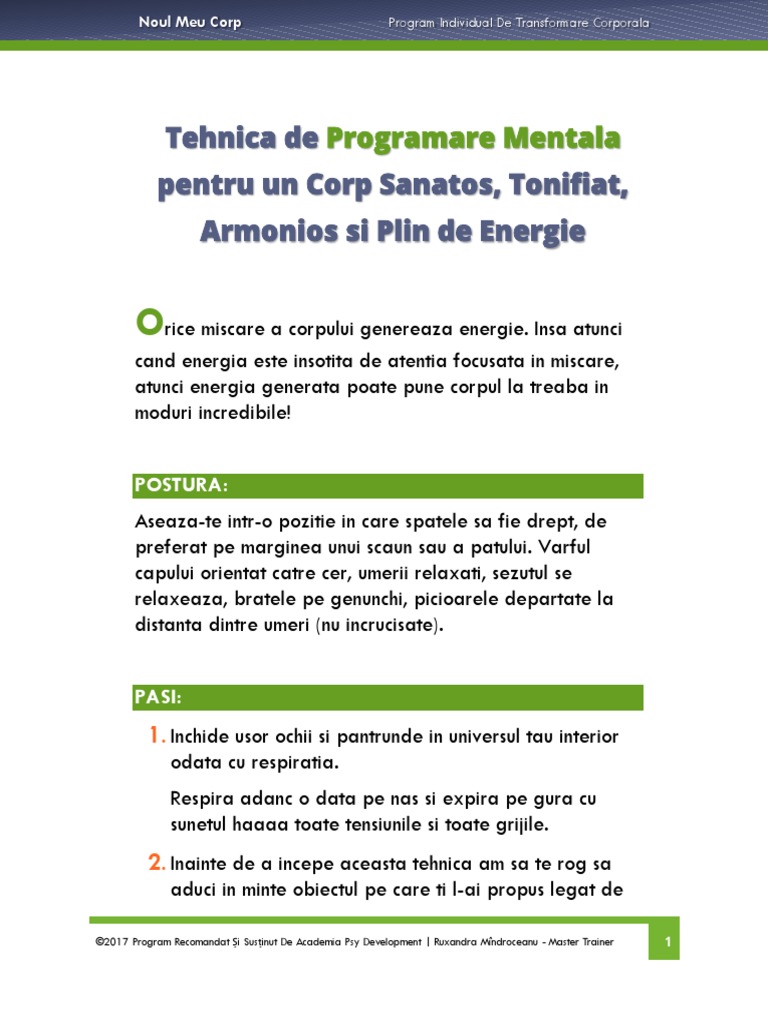 Tehnica de Programare Mentala Pentru Un Nou Corp PDF | PDF
