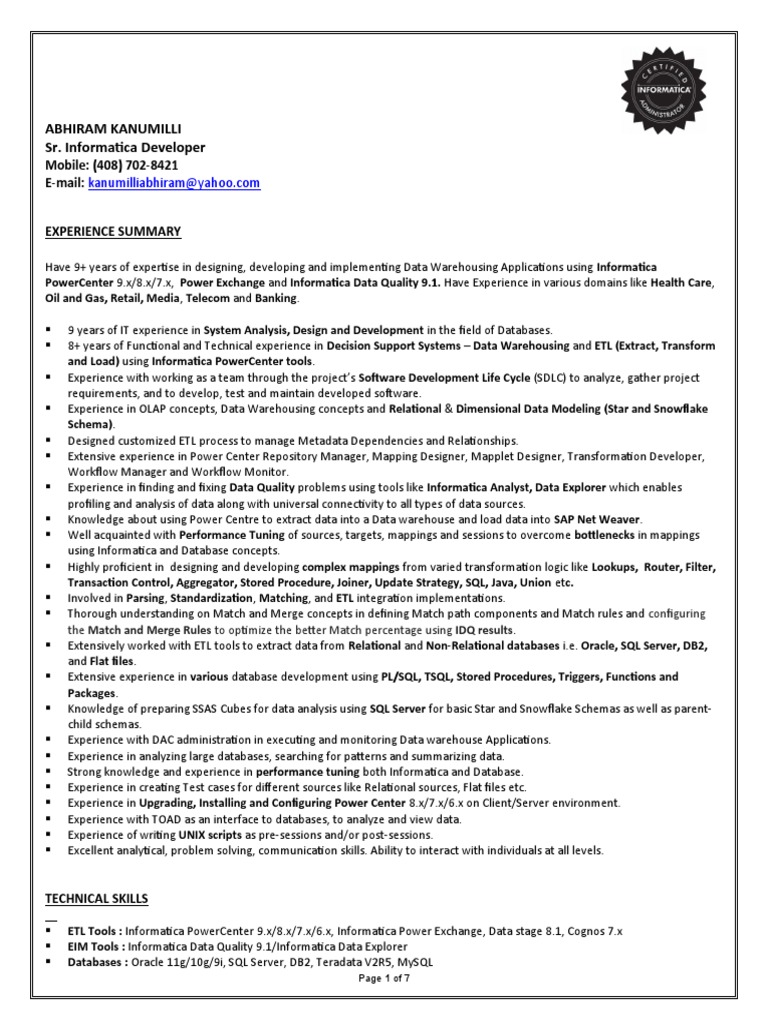 Senior Informatica Developer Profile | PDF | Data Warehouse | Databases