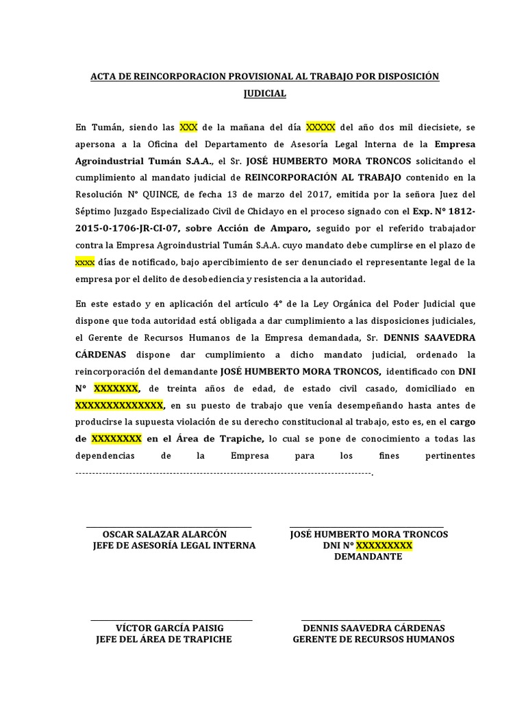 Acta de Reincorporación Laboral Judicial | PDF | Ley Pública ...