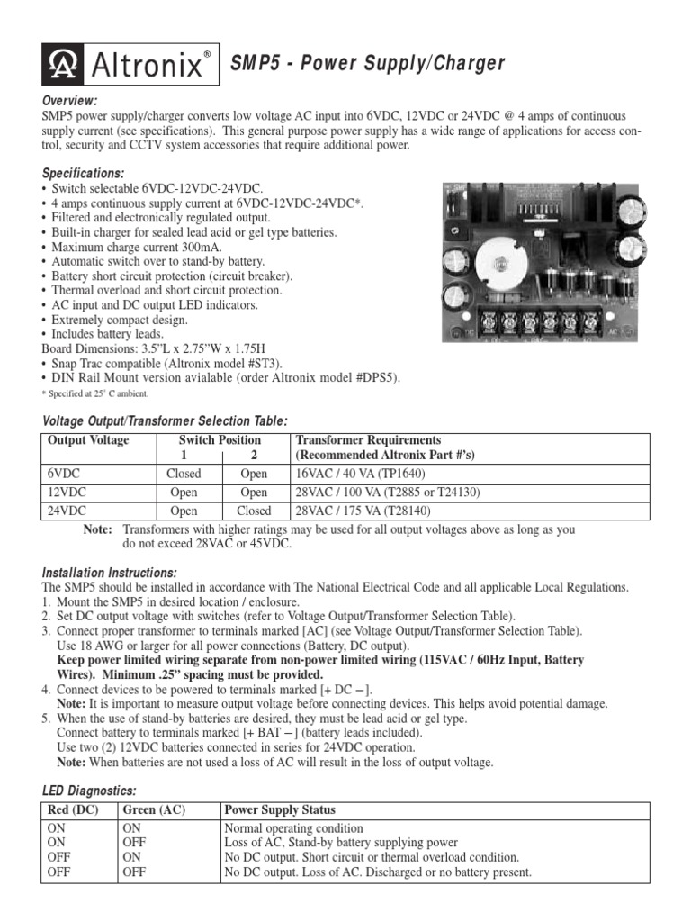 Altronix SMP5 Power Supply Manual | PDF | Power Supply | Alternating ...