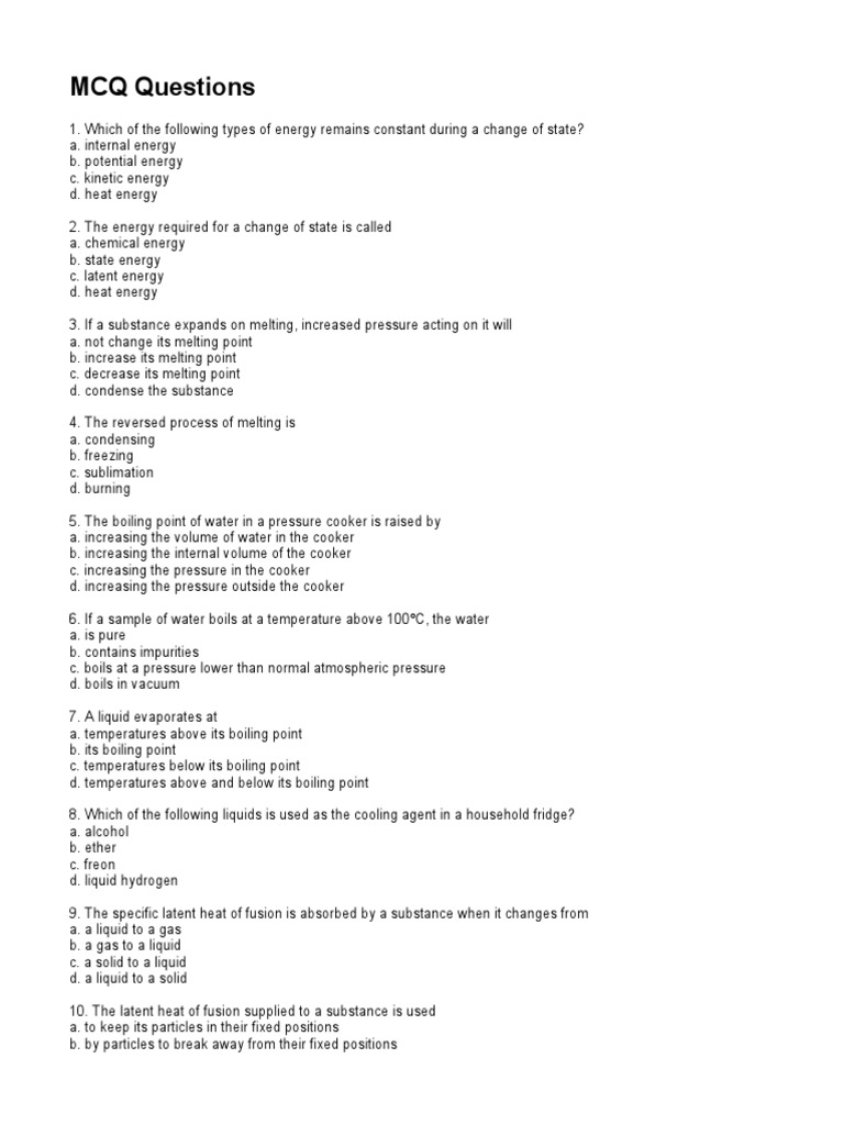 Mcq Questions Latent Heat Melting Point
