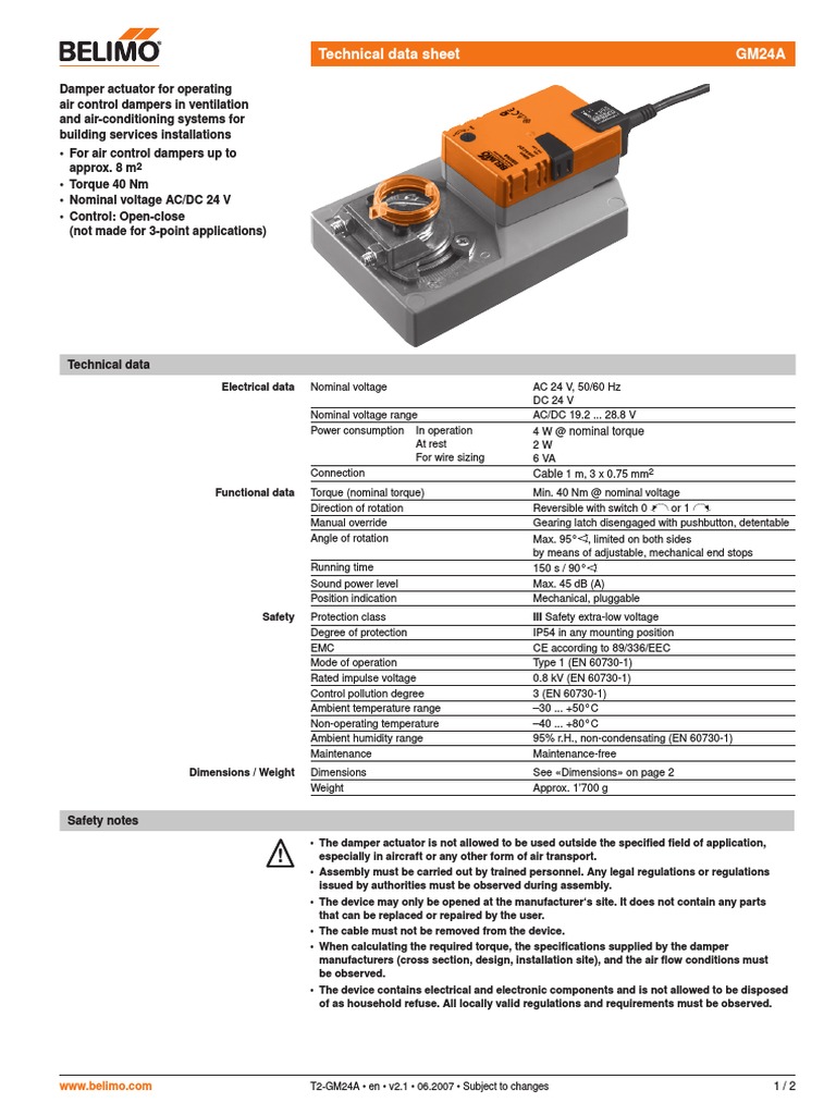 Belimo Damper Actuator GM24A (Datasheet 2007) PDF Switch Machines