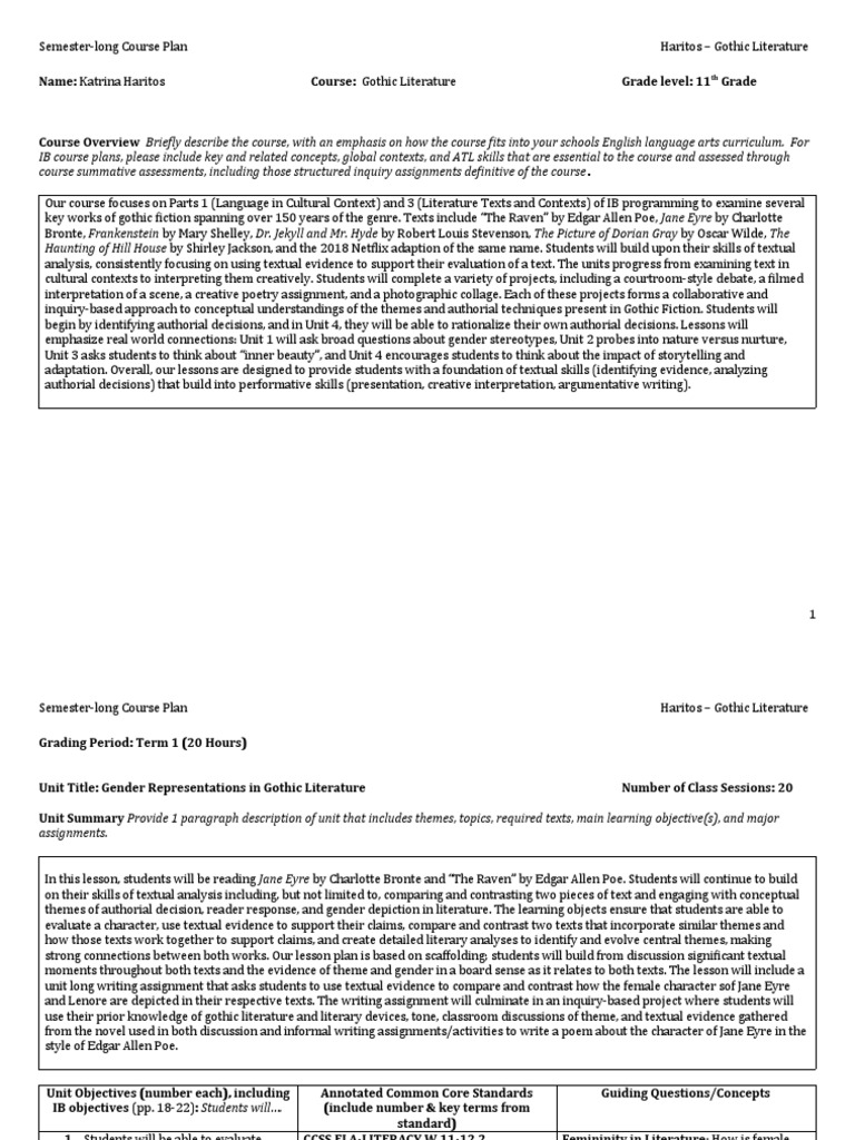 Gothic Literature Course Plan for 11th Grade | PDF | Reading ...
