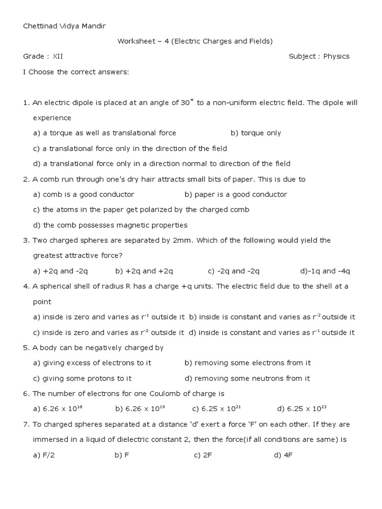 Worksheet 4 (Electric Charges and Fields) | PDF | Teaching Methods ...