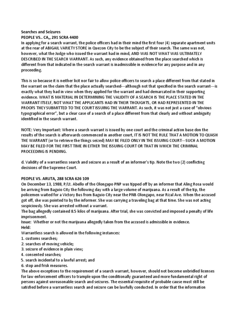 Searches and Seizures Case Law | PDF | Search Warrant | Probable Cause