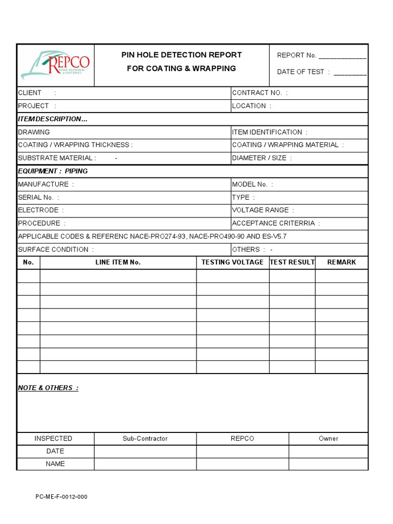 Pin Hole Detection Coating Report | PDF