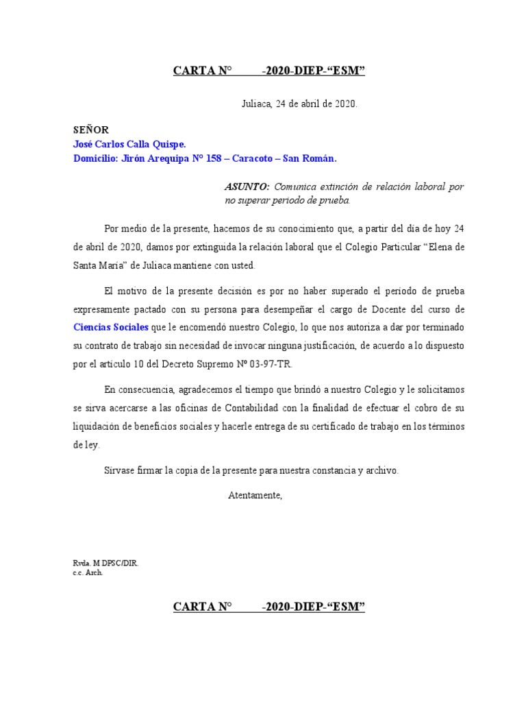 Carta de Despido Por No Superar Periodo de Prueba PDF Gobierno
