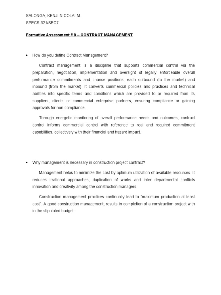Formative Assessment # 8 - CONTRACT MANAGEMENT | PDF | Economies | Business
