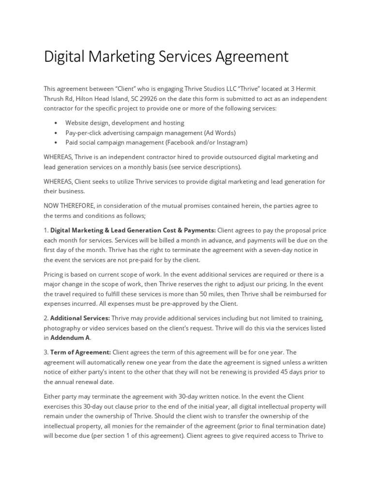 Thrive Digital Marketing Services Agreement | PDF | Indemnity 