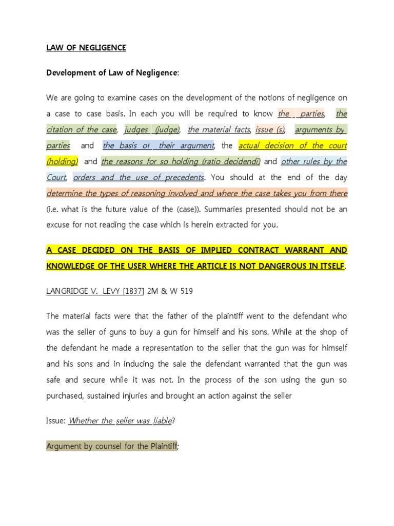 Negligence Law: Key Case Summaries | PDF | Negligence | Duty Of Care