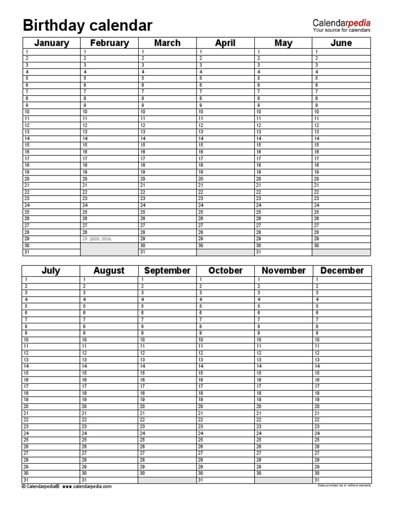 Birthday Calendar January February March April May June PDF
