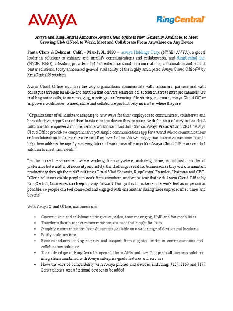 Avaya Cloud Office by RingCentral GA PR | PDF