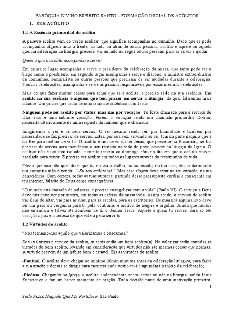 Formação inicial de acólitos: papel, virtudes e objetos litúrgicos ...