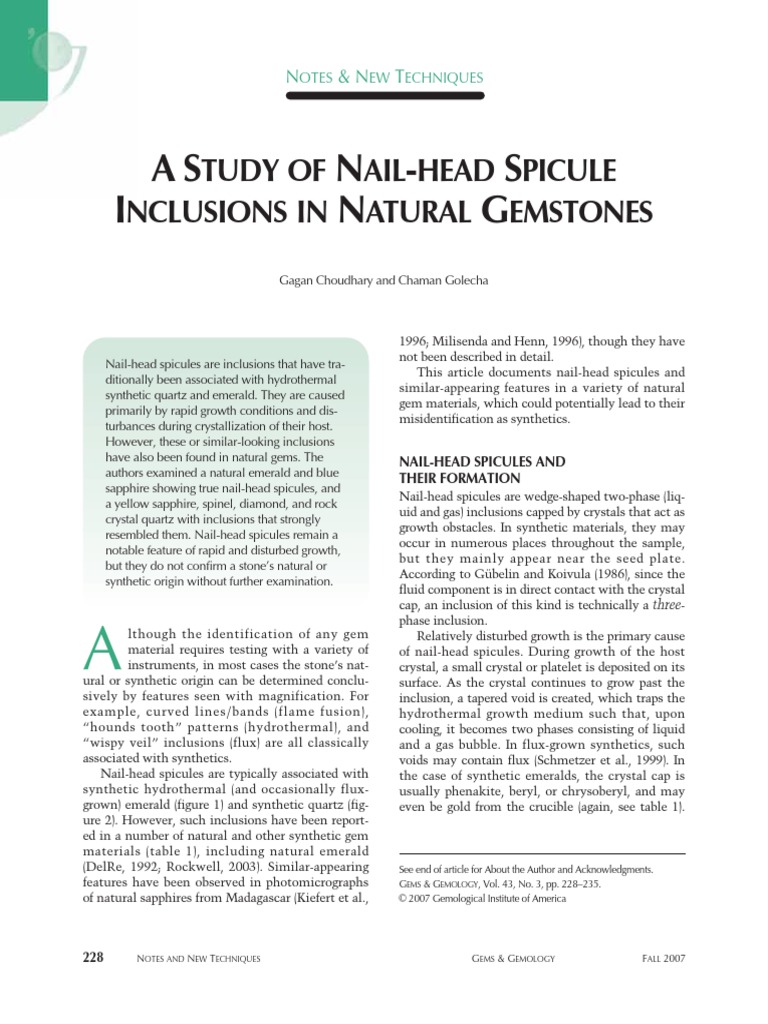 A Study of Nail Head Spicule Inclusions in Natural Gemstones PDF PDF