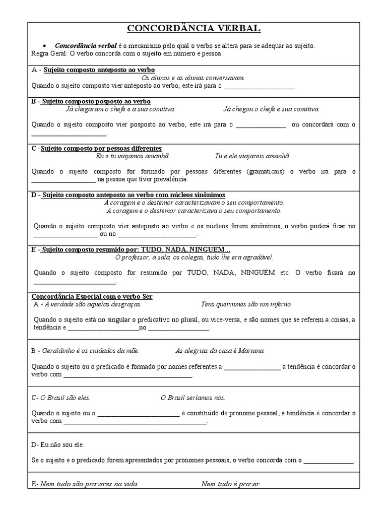 Concordância Verbal - TABELA | PDF | Assunto (gramática) | Pronome