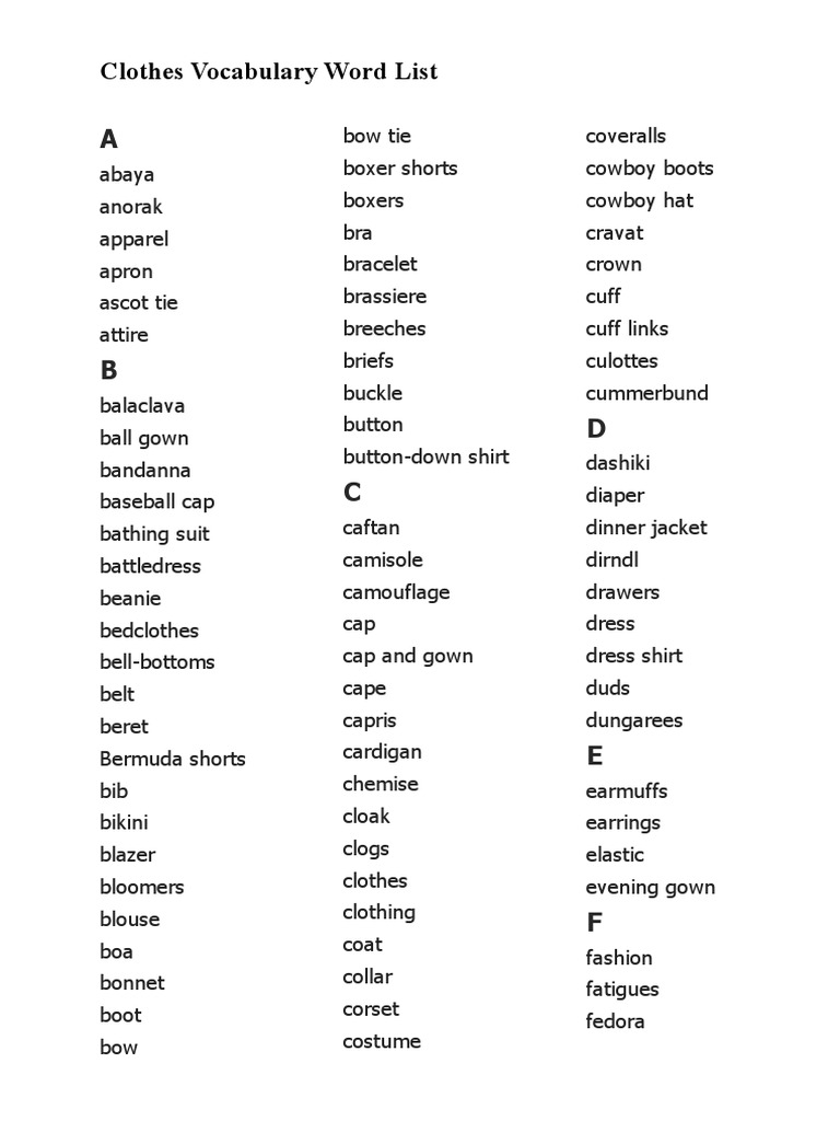 Clothes Vocabulary Word List, PDF, Undergarment