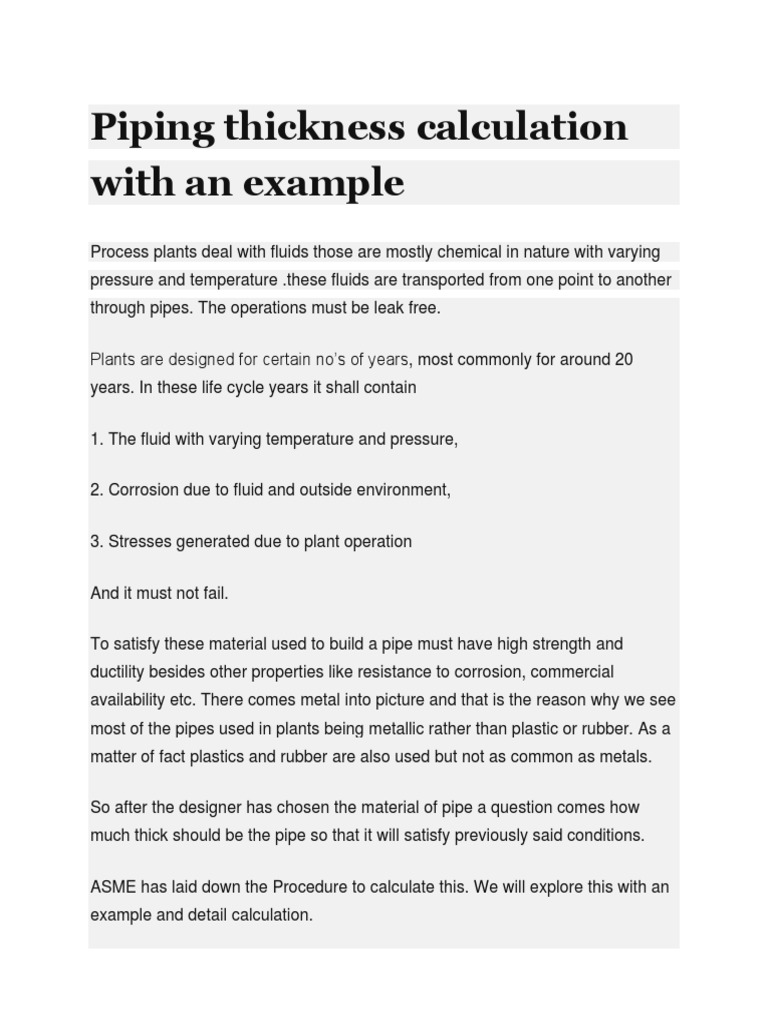 Piping Thickness Calculation With An Example PDF Pipe (Fluid