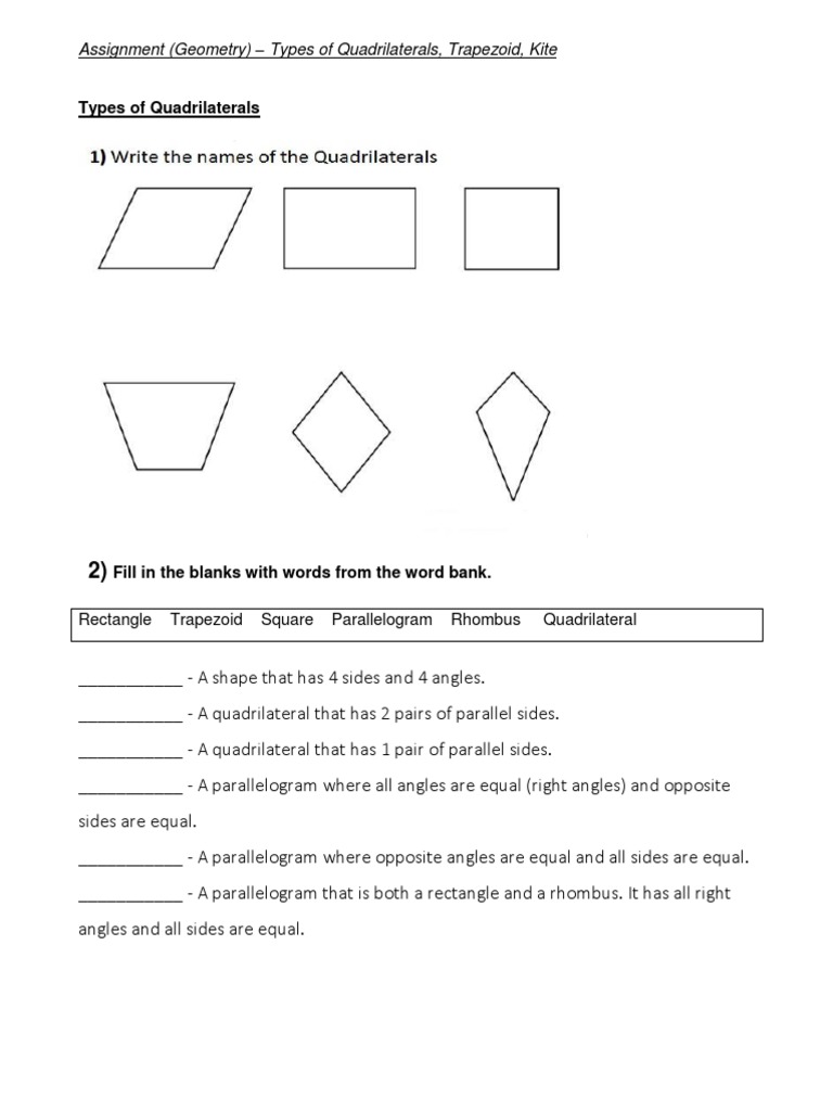 Assignment (Geometry) Types of Quadrilaterals, Trapezoid, Kite PDF