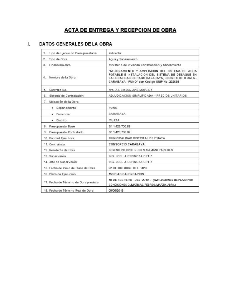 Acta de Entrega y Recepcion de Obra Pago Carabaya | PDF | Agua y ...