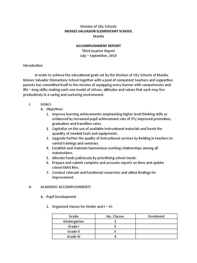 accomplishment report sample essay