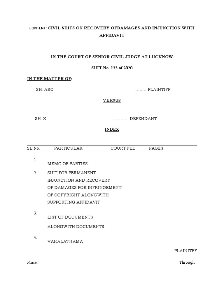 Civil Suits On Recovery Ofdamages and Injunction With Affidavit | PDF ...